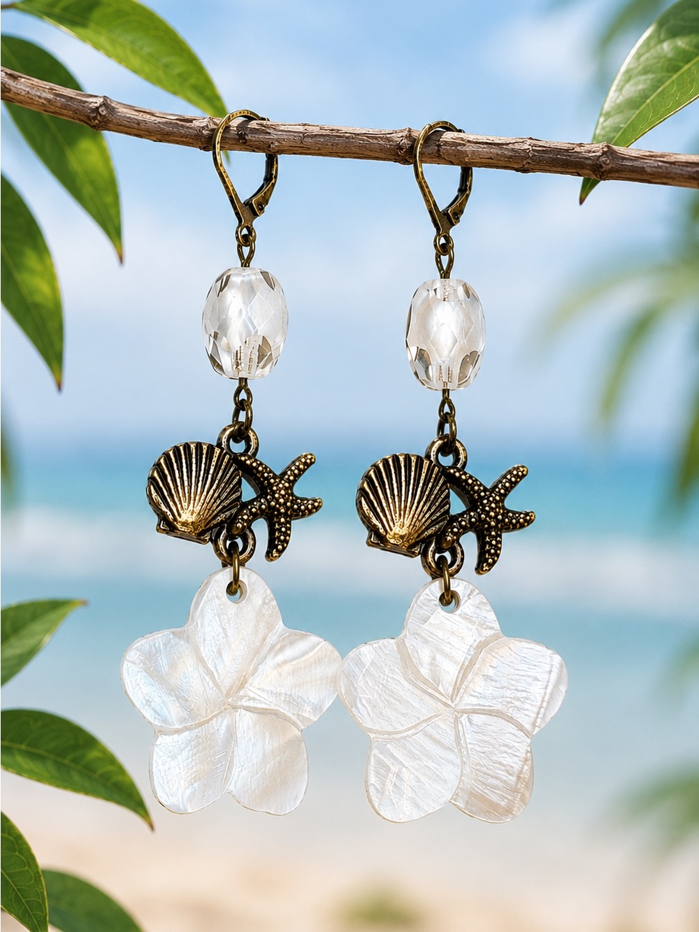 Boho Mother of Pearl Plumeria Shell Starfish Dangle Earrings Premium Leverbacks